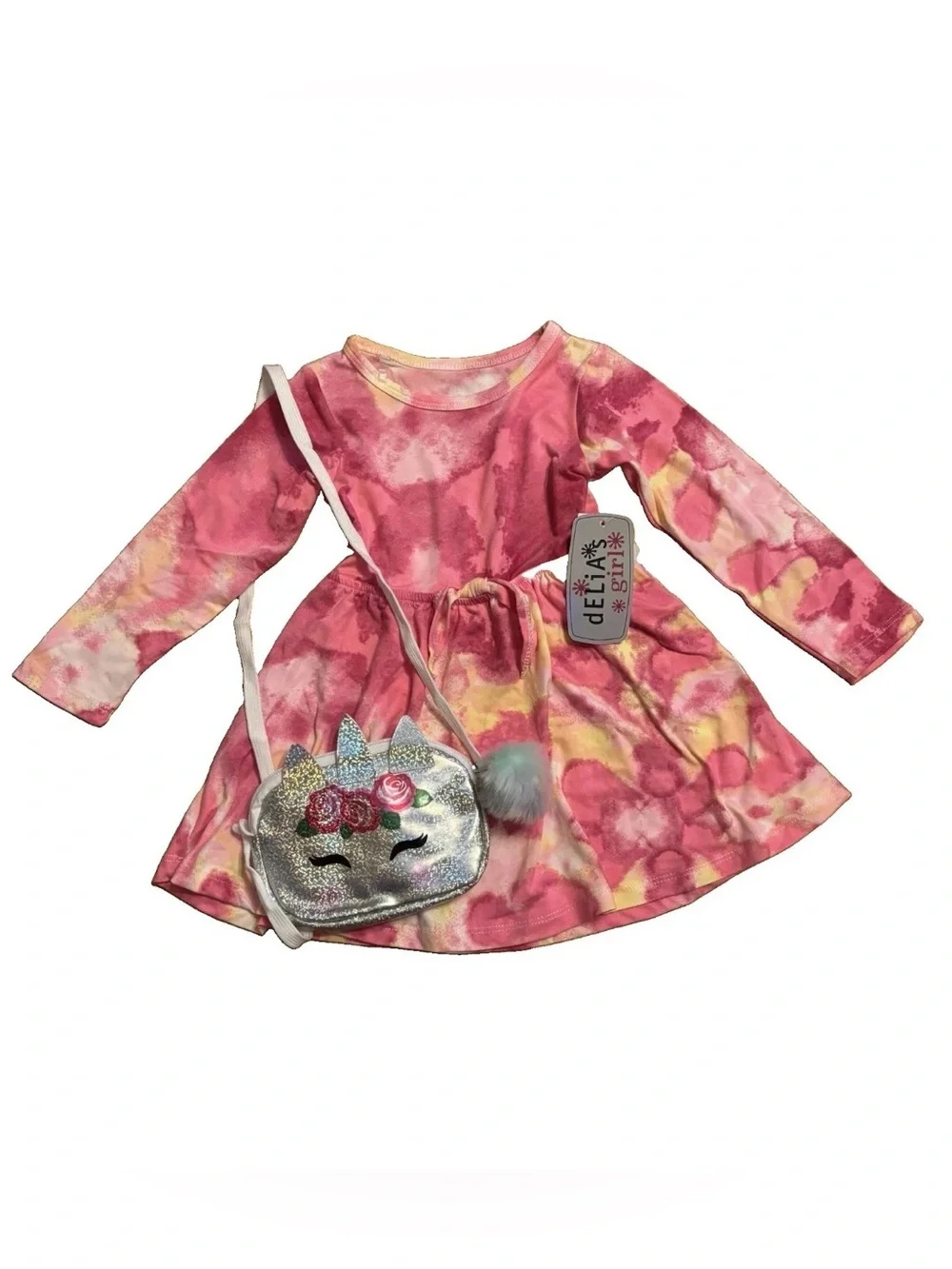 dELiA*s Little Girls Pink Tie-Dye Dress with Unicorn Purse - Size 2T
